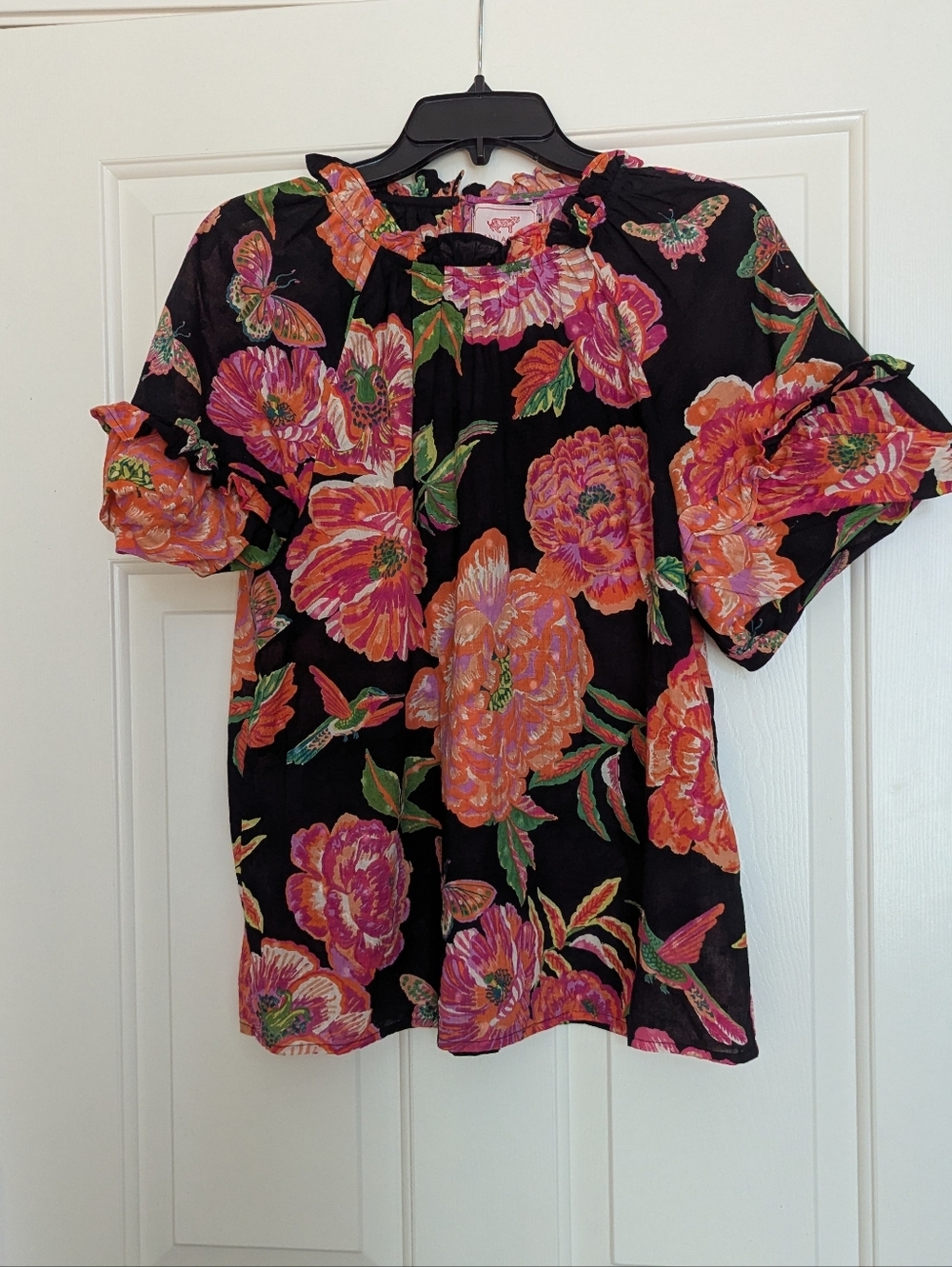 Banjanan Black Floral Ruffle Sleeve Blouse with Pink & Orange Blooms